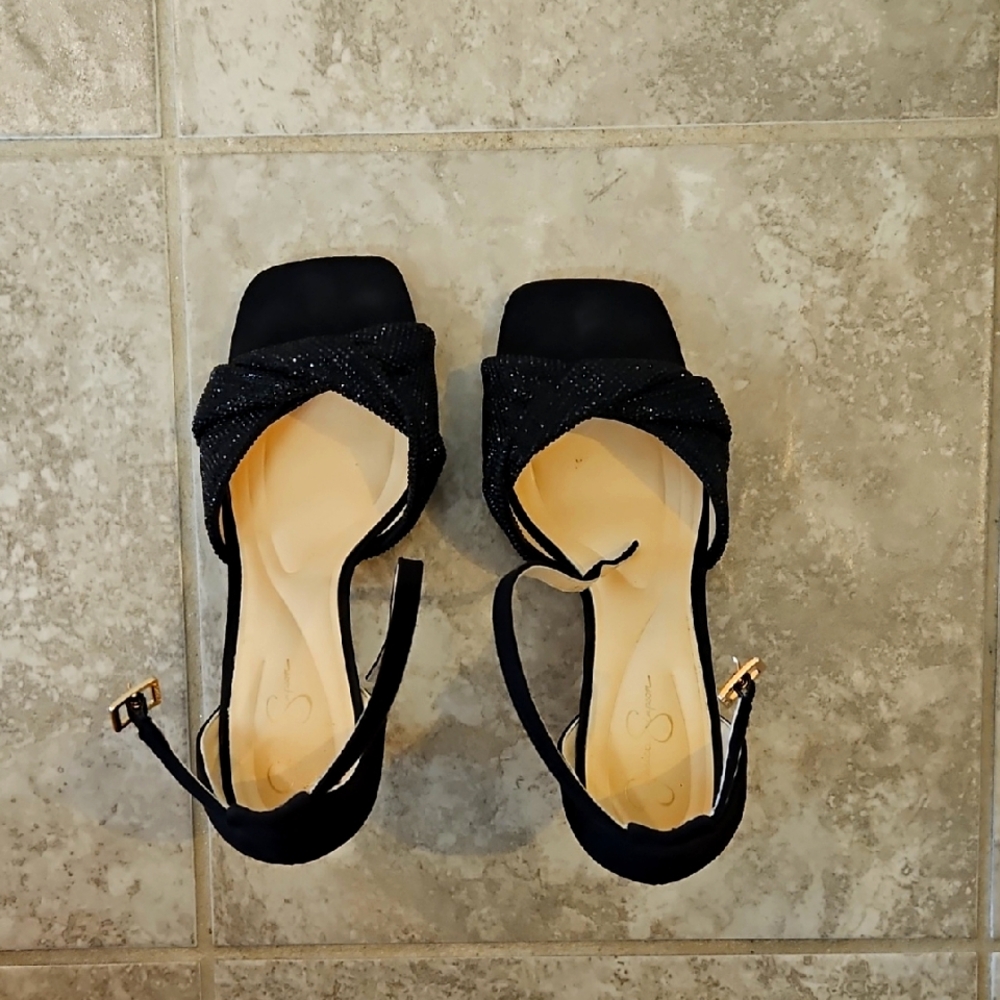 Jessica Simpson Black Glitter Knot Block Heel Sandals